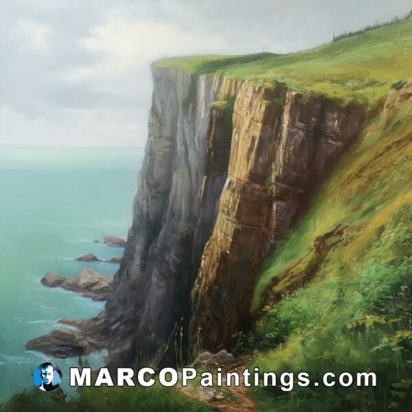 An oil painting of a cliff overlooking the ocean