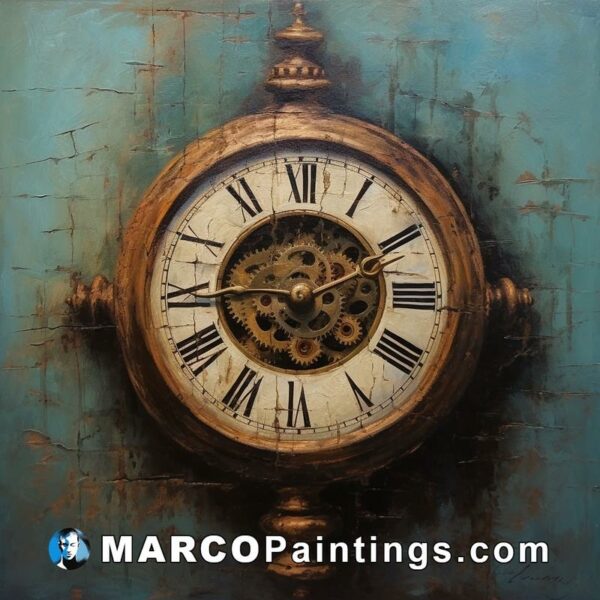 An oil painting of a clock in blue with gears
