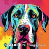 An oil painting of a colorful dog