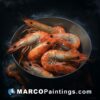 An oil painting of a copper bowl with shrimp in it