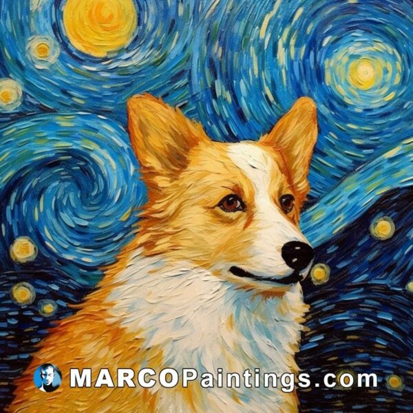 An oil painting of a corgi on a starry night