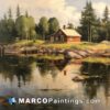 An oil painting of a cottage on a lake