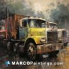 An oil painting of a couple of parked old trucks