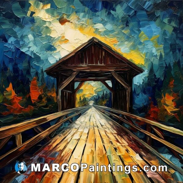 An oil painting of a covered bridge in the evening