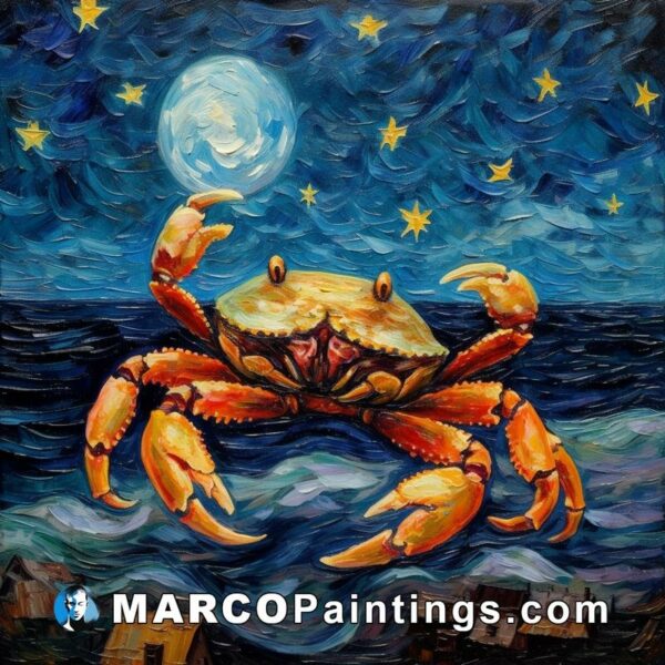 An oil painting of a crab standing on a moonlit background