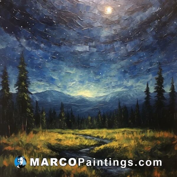 An oil painting of a creek under the stars