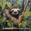 An oil painting of a cute sloth hanging off of branches