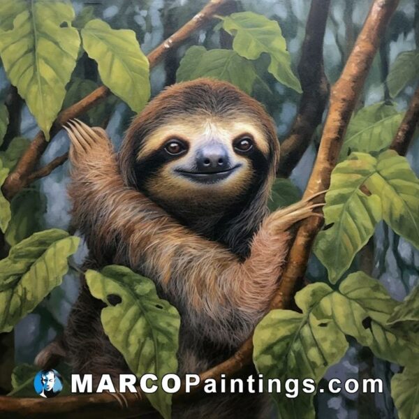 An oil painting of a cute sloth hanging off of branches
