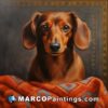 An oil painting of a dachshund with a blanket