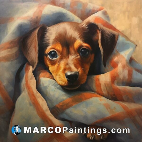 An oil painting of a dachshund wrapped in a plaid