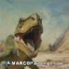 An oil painting of a dinosaur opening its mouth