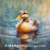 An oil painting of a duck in an open pond