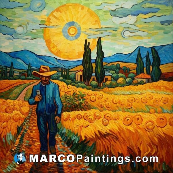 An oil painting of a farmer walking through a field with sunflowers