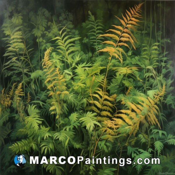 An oil painting of a field of ferns with green leaves and yellow flowers
