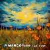 An oil painting of a field of poppies under an orange sky