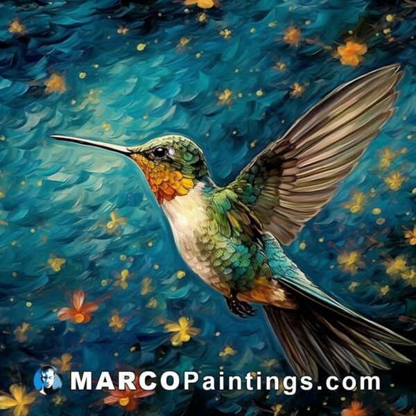 An oil painting of a flying hummingbird