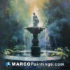An oil painting of a fountain in the garden