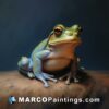 An oil painting of a frog on a tree stump