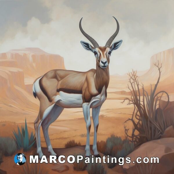 An oil painting of a gazelle that is standing on a desert terrain