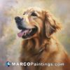 An oil painting of a golden retriever with his mouth open