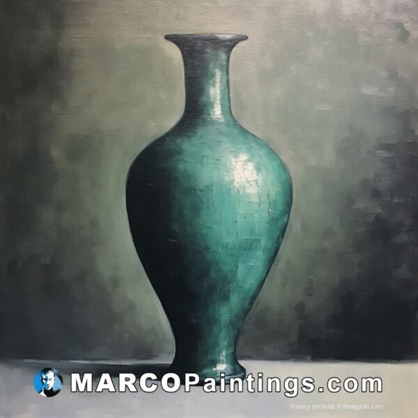 An oil painting of a green vase on a grey background