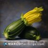 An oil painting of a green zucchini and a yellow zucchini