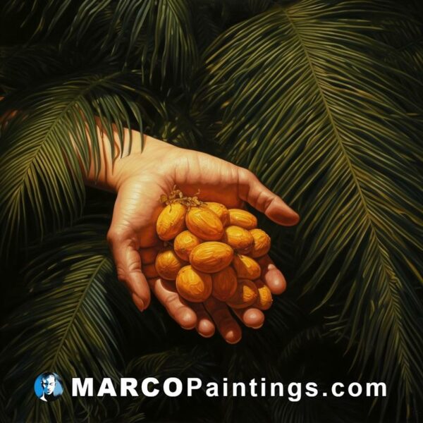 An oil painting of a hand holding some fruit