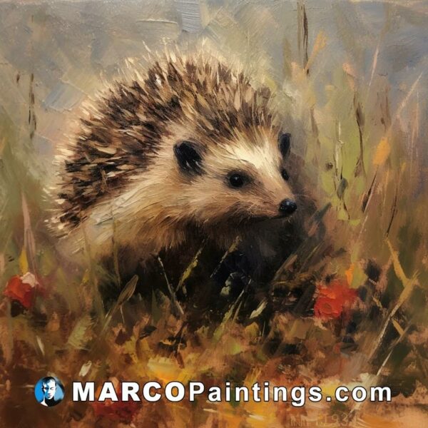 An oil painting of a hedgehog in a field