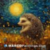 An oil painting of a hedgehog in the night