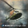 An oil painting of a helicopter flying through the clouds