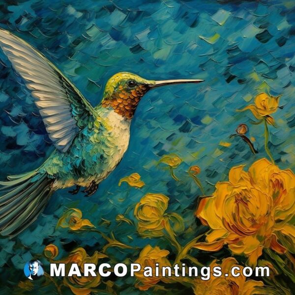 An oil painting of a hummingbird near flowering flowers