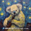An oil painting of a koala with starry sky around it