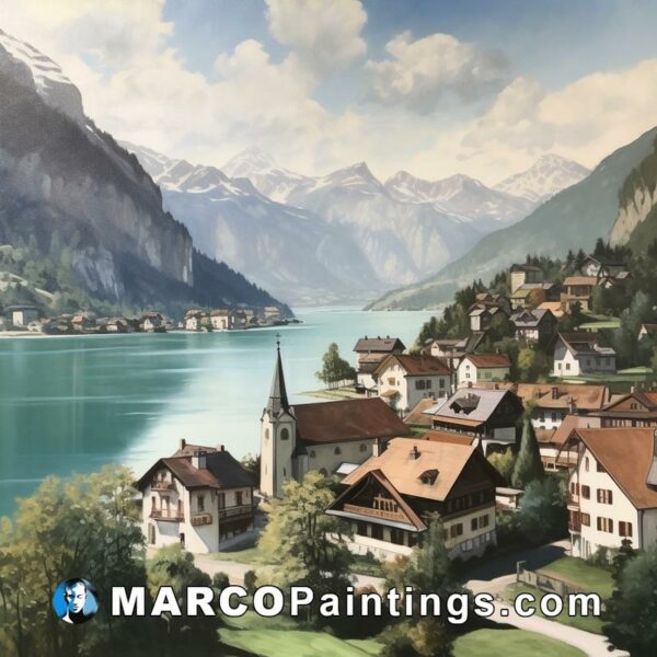An oil painting of a lake in switzerland with houses and trees
