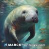 An oil painting of a large manatee swimming under water