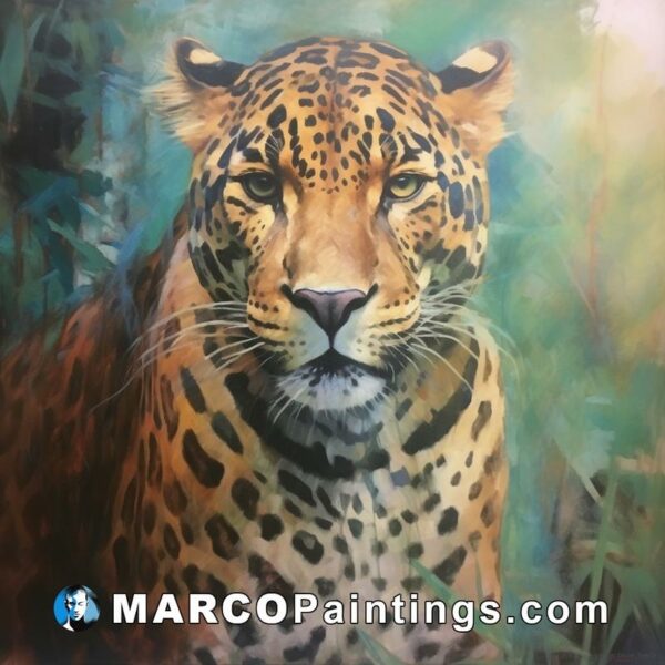 An oil painting of a leopard in the forest