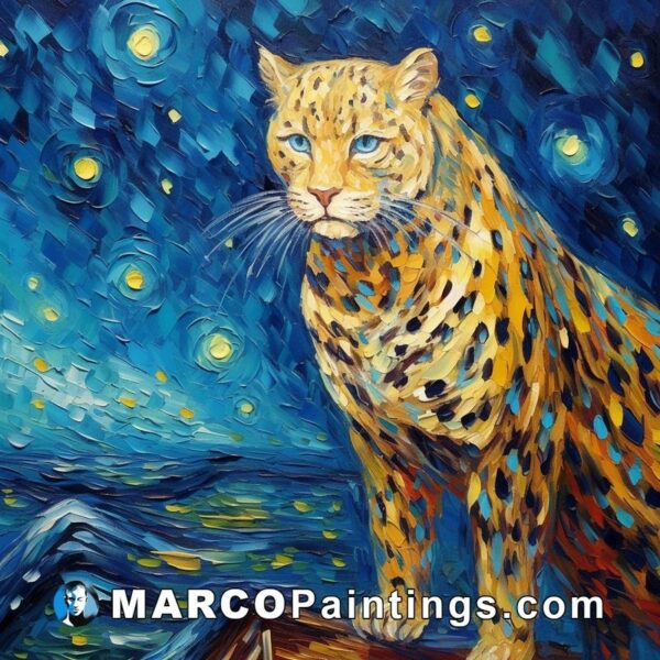 An oil painting of a leopard standing by the stars