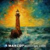 An oil painting of a lighthouse in the ocean