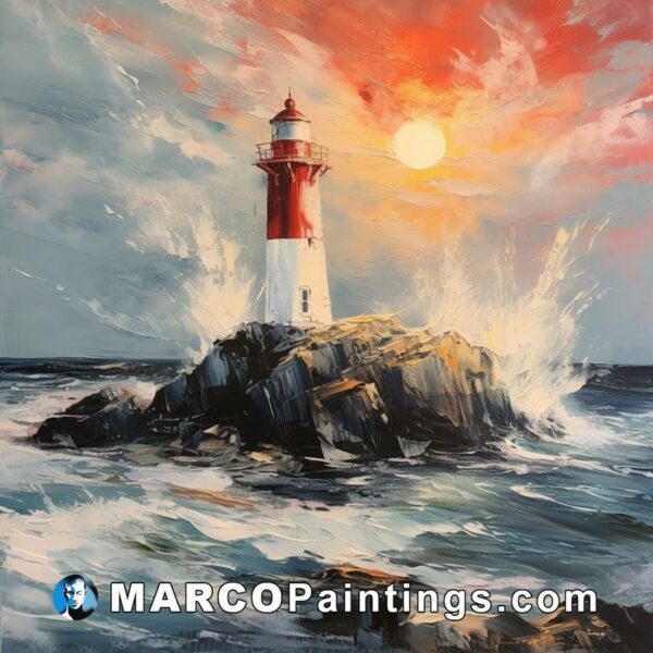An oil painting of a lighthouse with waves and storm