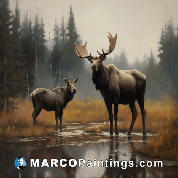 An oil painting of a male and female elk standing in a treed creek