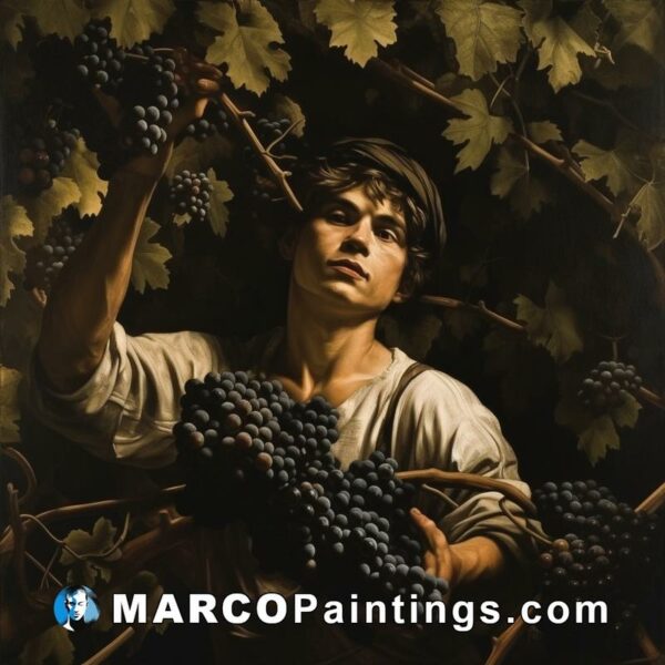 An oil painting of a male picking grapes surrounded by leaves