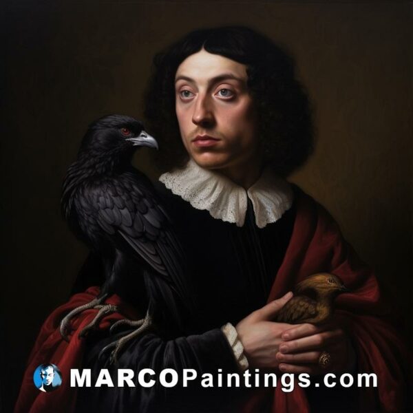 An oil painting of a man holding a bird