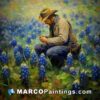 An oil painting of a man kneeling in between some bluebonnets