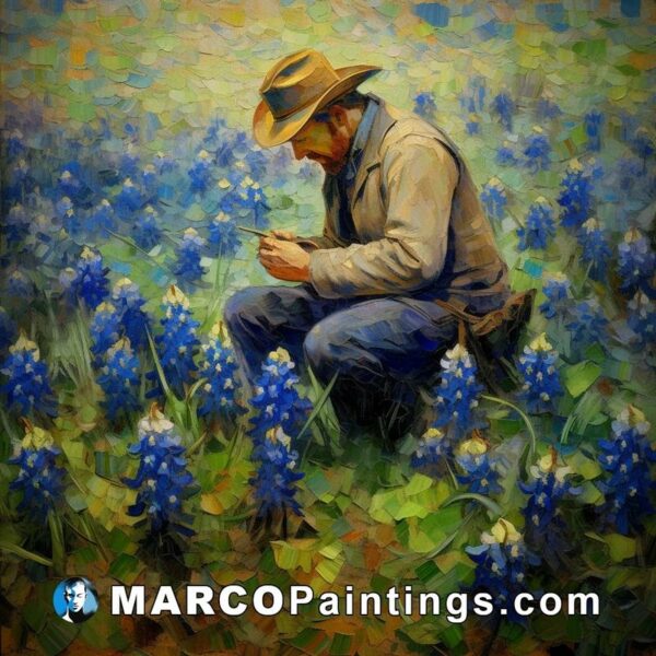 An oil painting of a man kneeling in between some bluebonnets