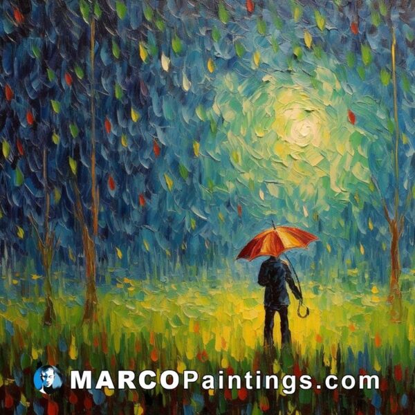 An oil painting of a man on a park in the rain