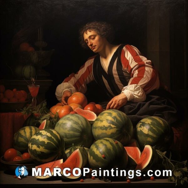An oil painting of a man sitting down next to watermelons