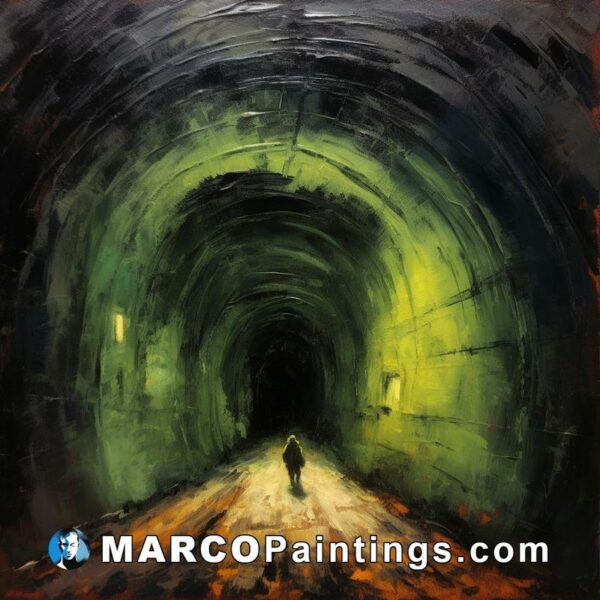 An oil painting of a man walking past an empty tunnel