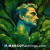 An oil painting of a man with leaves around him