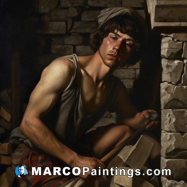 An oil painting of a man working in a brick fireplace