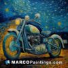 An oil painting of a motorcycle under a starry sky