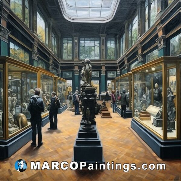 An oil painting of a museums exhibit hall with figures inside